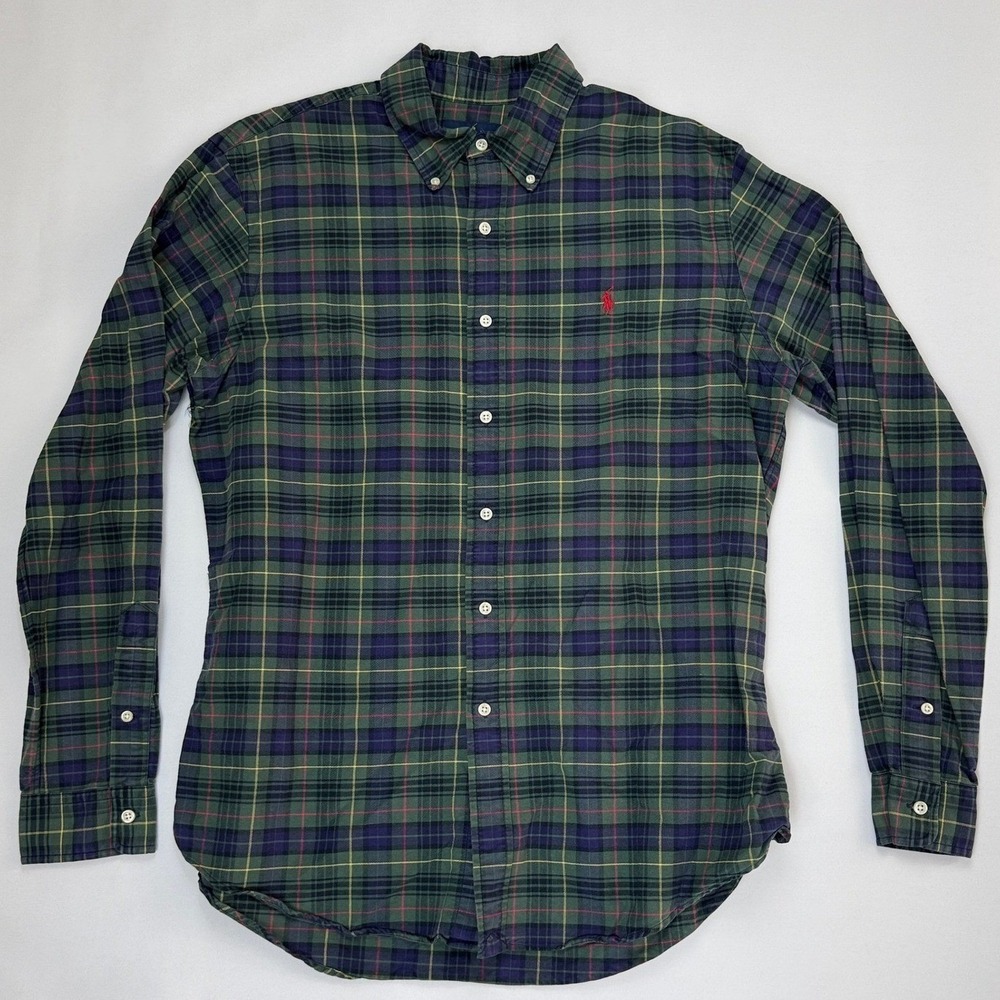 Polo‎ Ralph Lauren Mens Custom Fit Plaid Button Down Shirt Green Blue L